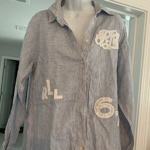 New Lauren Ralph Lauren 💯% linen crochet lace patchStriped Blue Jacket fisherman